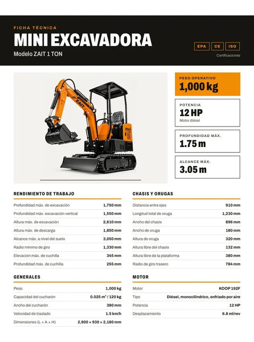 Miniexcavadora Sobre Orugas Diesel 1 Ton C/ Accesorios Zait